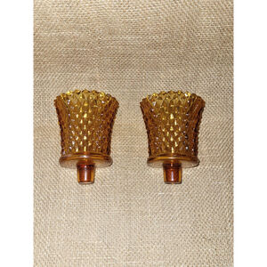 Set 2 Vintage Amber‎ Glass Diamond Point Candle Holder W Peg Votive Tealight Cup